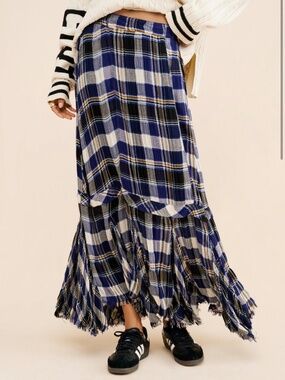 Free People Bordeaux Plaid Maxi Skirt Blue S